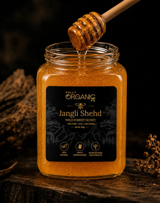 Fully Organic PK Jangli Shehad Wild Forest Honey 500g jar with honey dipper showing pure raw unfiltered natural honey