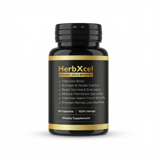 HerbXcel male booster supplement bottle on a white background