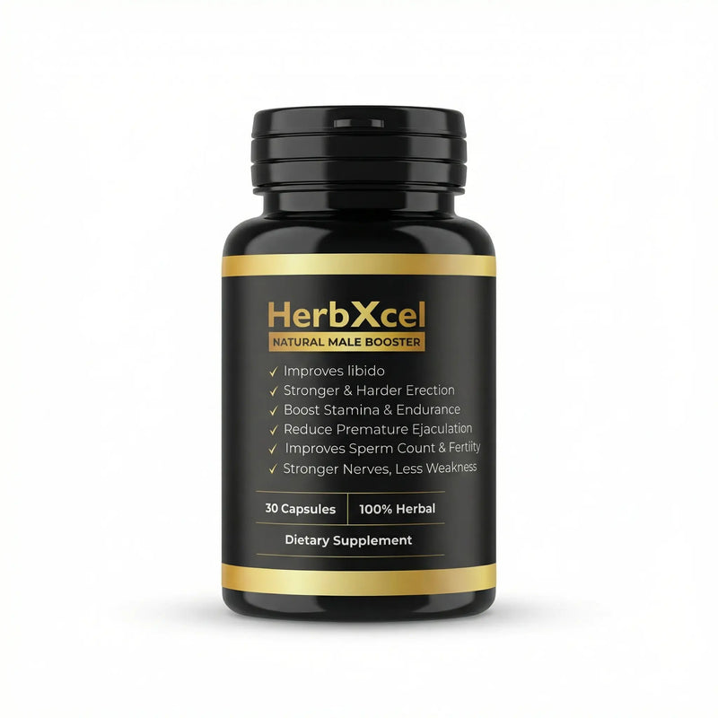 HerbXcel male booster supplement bottle on a white background
