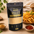 Fully Organic PK Crispy Fries Masala pouch with seasoned fries, masala powder and dip on wooden table