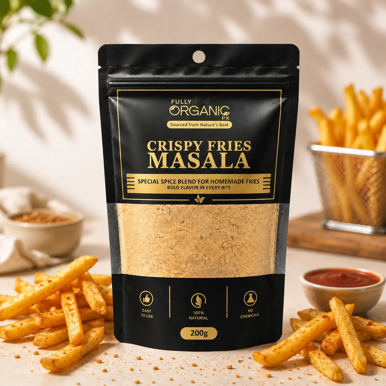 Crispy Fries Masala by Fully Organic PK with golden fries and ketchup on a premium food background