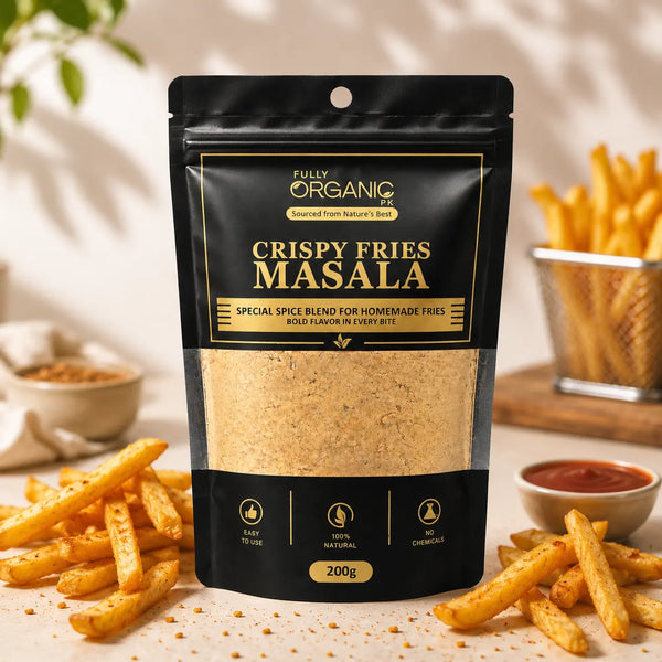 Crispy Fries Masala by Fully Organic PK with golden fries and ketchup on a premium food background