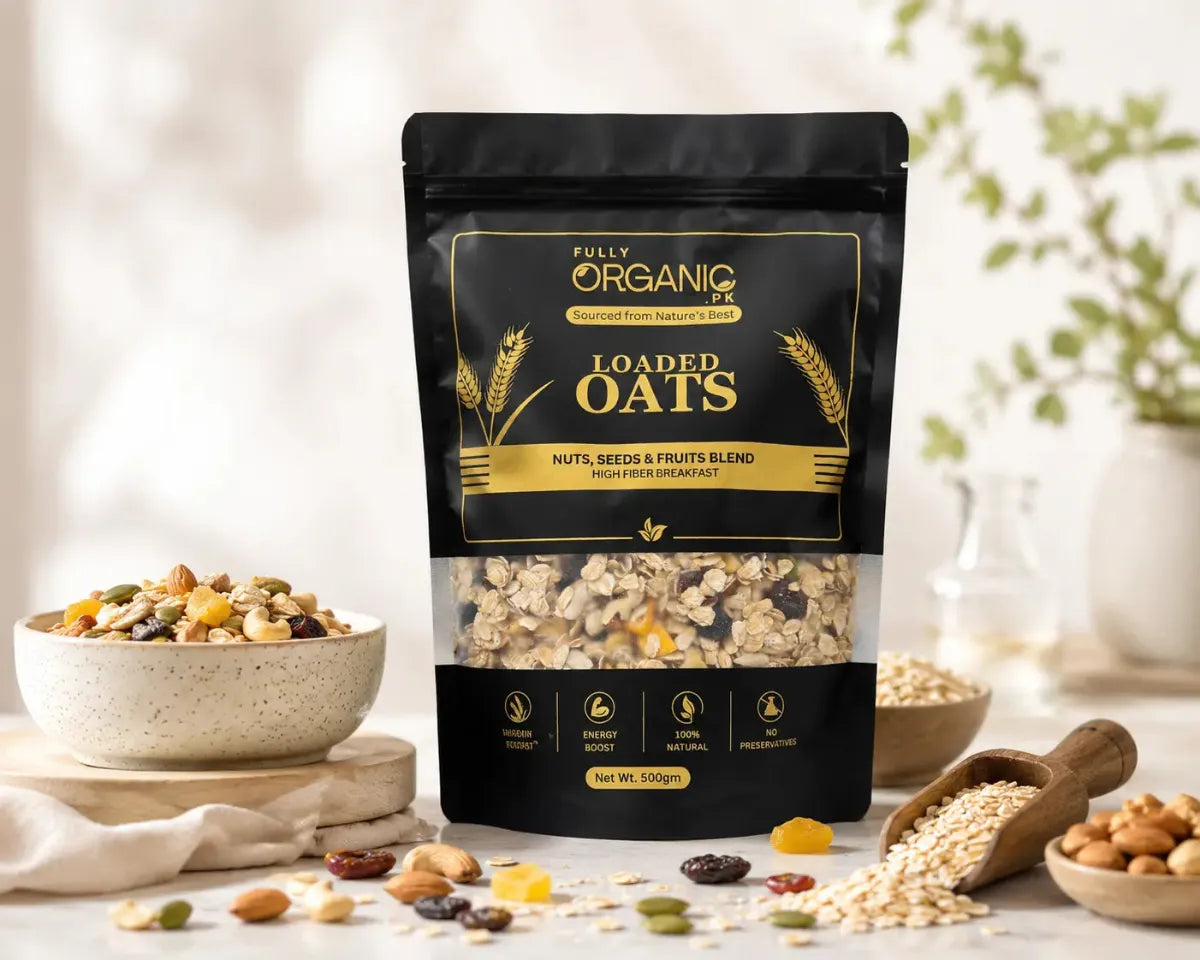 Loaded Oats healthy breakfast oats with nuts seeds and dried fruits by Fully Organic Pakistan