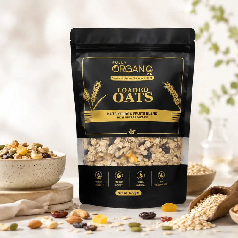 Loaded Oats healthy breakfast oats with nuts seeds and dried fruits by Fully Organic Pakistan