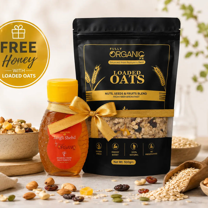 Loaded Oats with free Jangli Shehd wild honey by Fully Organic Pakistan