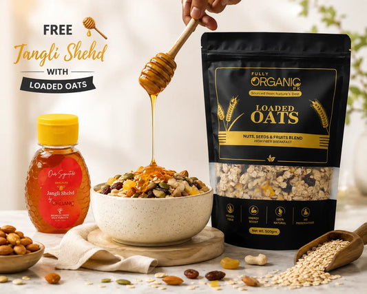 Loaded Oats pack with free 150g Jangli Shehd wild honey bottle and bowl of oats with nuts and seeds