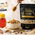 Loaded Oats pack with free 150g Jangli Shehd wild honey bottle and bowl of oats with nuts and seeds