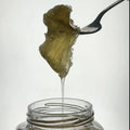 Organic wild honey jar with fresh honeycomb and wooden dipper