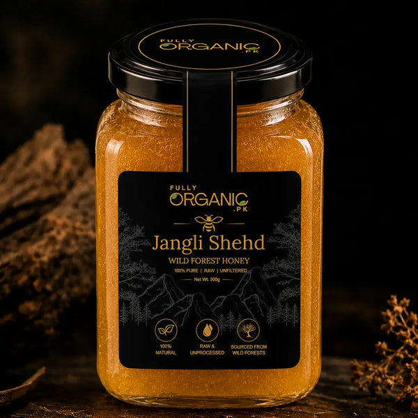 Pure Jangli Shehad raw wild forest honey in glass jar with honey dipper natural honey from Pakistan