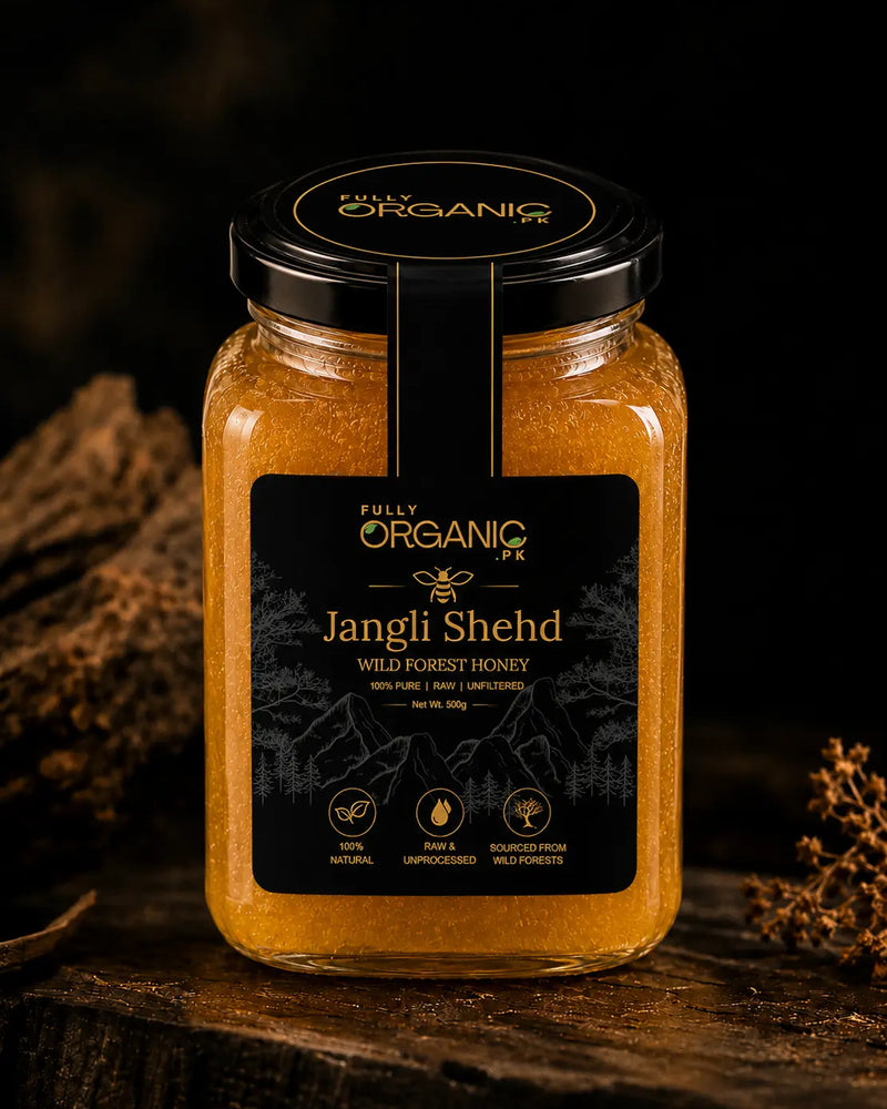 Pure Jangli Shehad raw wild forest honey in glass jar with honey dipper natural honey from Pakistan